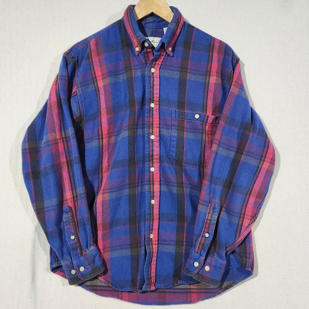 Eddie Bauer Mens Flannel Shirt Medium Blue Pink Plaid Long Sleeve Button Down